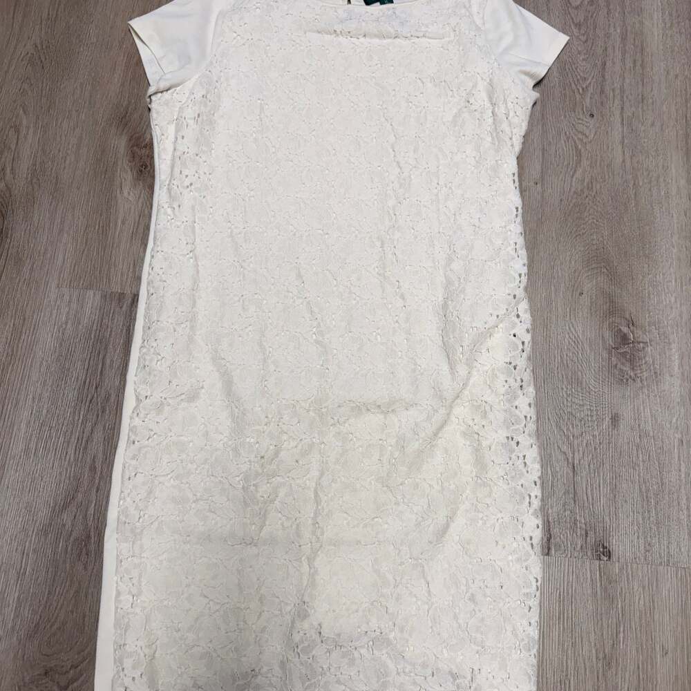 RALPH LAUREN Ivory Cotton Jersey Front Lace Overlay Dress XL
